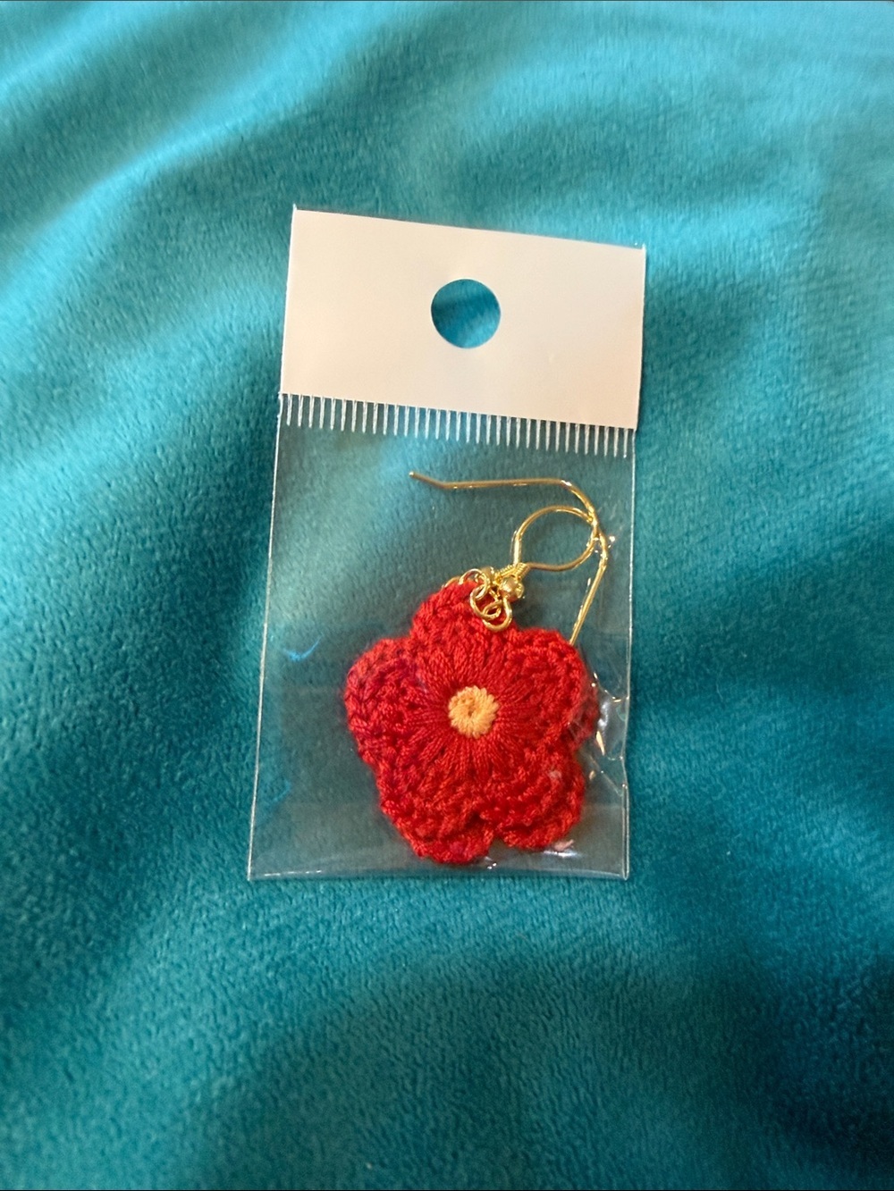 Red Crochet Flower Drop Earrings with Gold Hooks